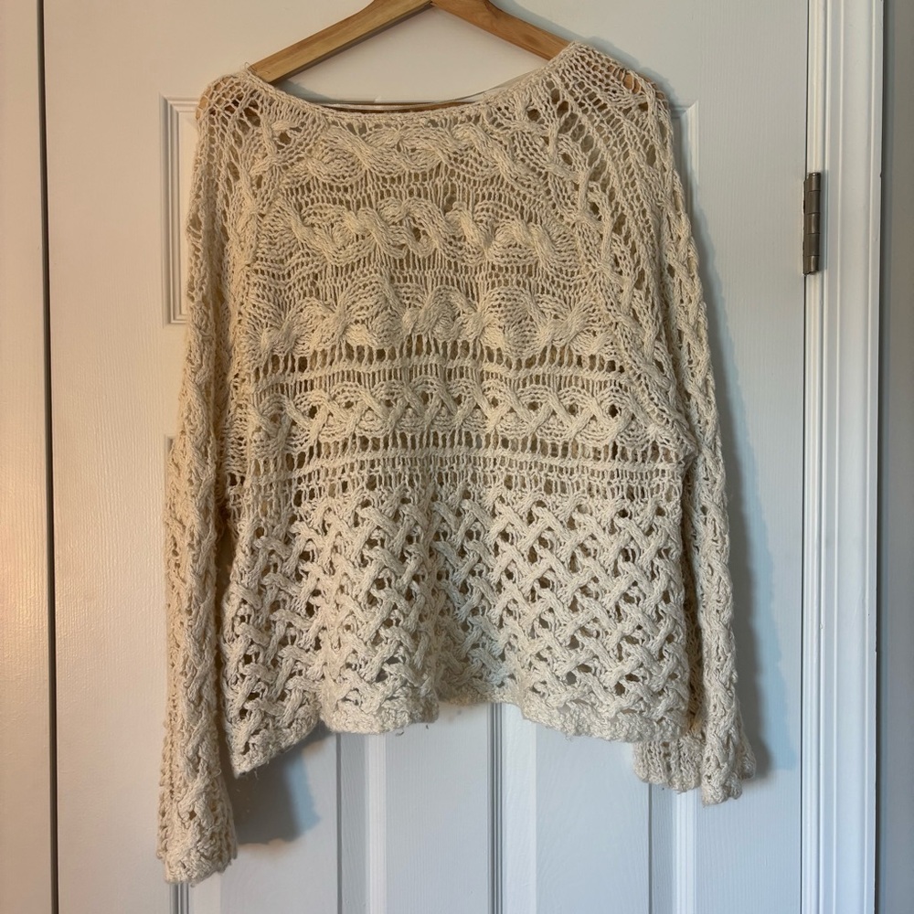 Free People Cotton Crochet Knit Oversized Sweater Cream Tan Neutral S Beach Boho - Picture 5 of 5